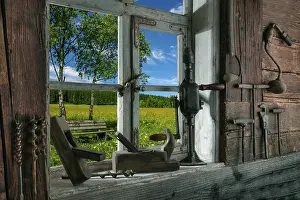 Black Forest Landscape Stampe: Rustic workshop with old tools and view out of the window into the landscape