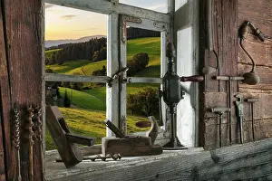 Black Forest Landscape Photography Stampe: Rustic workshop with old tools and view out of the window into the landscape