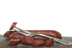 Meat Products Photography Stampe: Salami with a fork
