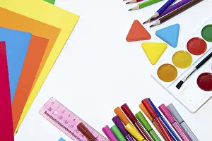 White Background Office Supplies Stampe: Back to school. Preparing for the school year