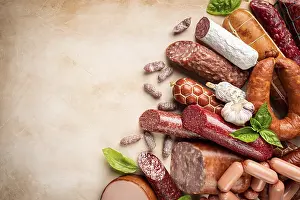Savory Meat Dishes Stampe: Set of different types of sausages