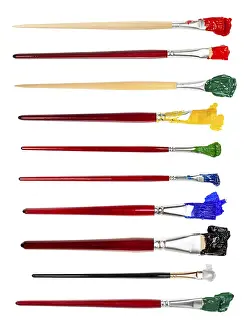 Colourful Art Supplies Stampe: Set of flat brushes with different colored tips in blobs