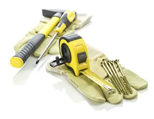 Industrial Equipment Stampe: Set of tools on gloves