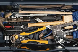 Industrial Workshop Stampe: Set of working tools in tool box