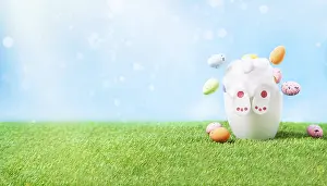 Symbolic Spring Picture Stampe: A small rabbit rummages in a pot of Easter eggs