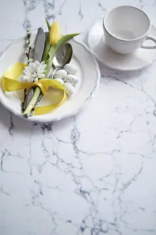 Flat Lay Food Photography Stampe: Spring Easter Table setting at white marble table