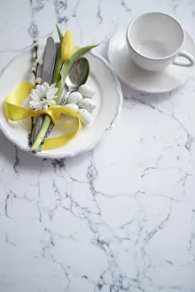 Copy Space For Text Overlay Stampe: Spring Easter Table setting at white marble table
