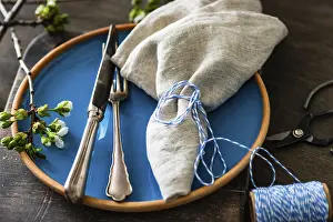 Country Style Table Decor Stampe: Spring table setting in rustic style decorated with cherry bloom tree branches