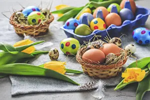 Colorful Spring Flowers Stampe: Spring time - Easter eggs and tulips on grey background