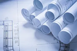 Architecture Concept Stampe: Stack of construction plans building and architecture concept