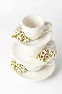 Spring Floral Arrangement Stampe: Stack of elegant white teacups and plates