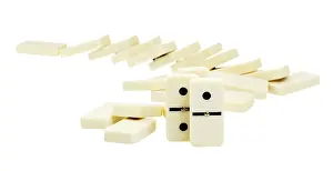 Childhood Toy Stampe: Stack of fallen dominoes zigzag against white background