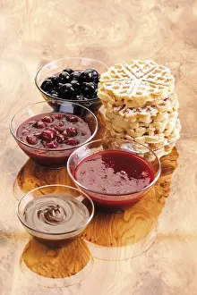 High Calorie Desserts Stampe: Stack of waffels and waffel toppings