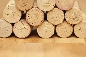 Wine Corks Stampe: Stack of wine corks on a wood surface