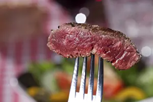 Leafy Vegetable Salad Stampe: Steak on a fork over the salad