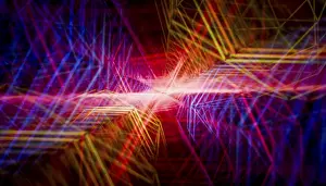 Symbolic Geometric Image Stampe: A striking 3D-rendered visualization featuring interlacing geometric patterns and intense multi-colored light