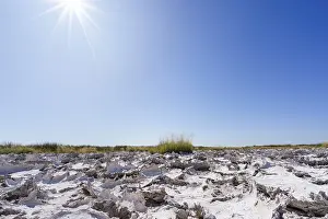Namibia Desert Landscape Photography Stampe: Sunrays shine on drought mud patterns