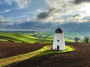 Windmill Landscape Photo Stampe: Sunset of Devon Windmill over Fields and Farms from a drone