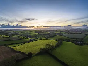 English Countryside Stampe: Sunset over Fields and Farms, Devon