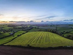 English Countryside Stampe: Sunset over Fields and Farms, Devon