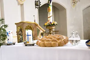 Deserted Church Altar Stampe: Last supper items on an altar