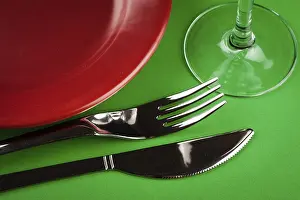Porcelain Tableware Stampe: Table setting close up on green table
