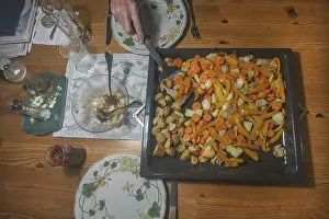 Southern Germany Cuisine Stampe: Table setting with cooked vegetables on a baking tray