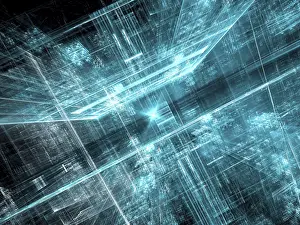 Futuristic Urban Design Stampe: Tech, sci-fi or virtual reality background with perspective - abstract computer-generated image