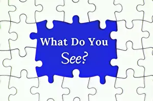 Blue Background Image Stampe: Text on missing jigsaw puzzle - What do you see
