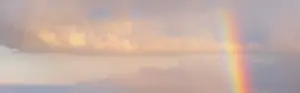 Panorama Evening Sky Stampe: Thunderclouds in evening light with rainbow