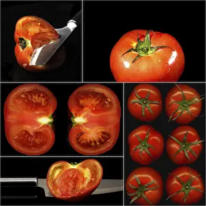 Food Photography Concept Stampe: Tomatoes collage composition nested on a black square frame