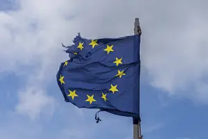 British National Colors Stampe: A torn EU flag blows in the wind with a few clouds in the background