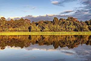 Evening Water Reflections Stampe: Tranquil scene of a river with trees and cloud reflections