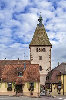 Historic City Fortification Stampe: Upper Gate and clock tower in Bergheim