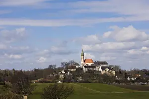 Christian Architecture Europe Stampe: View of the Andechs Monastery in spring