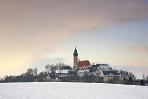 Deserted European Tourist Attraction Stampe: View of the Andechs Monastery in winter
