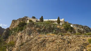 Deserted Abbey In Greece Stampe: View from below, rock monastery