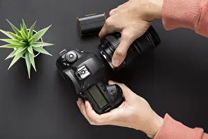 Black Background Photography Stampe: Top view camera concept with black background