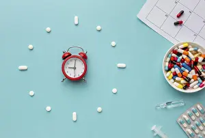 Deserted Pharmacy Scene Stampe: Top view clock shape pills
