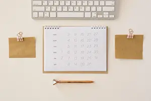 Top View Office Work Stampe: Top view desk calendar memory notes