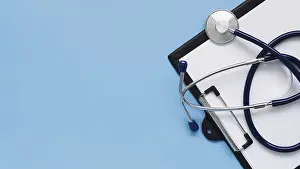 White Background Medical Symbol Stampe: Top view frame with stethoscope