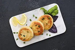 Citrus Fruit Recipes Stampe: Top view of fried cod meat cutlet