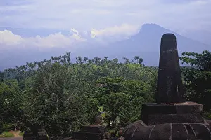 Indonesian Sacred Building Stampe: View of the Merapi volcano from the Borobudur temple complex
