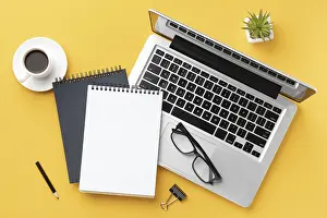 Top View Office Work Stampe: Top view office desk composition with notepad