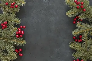 Christmas Wreath Stampe: Top view pine needles mistletoe
