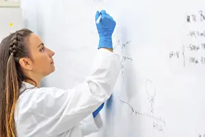 Caucasian Male Scientist Stampe: Side view of a scientist using a white board to write data
