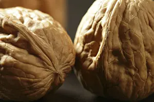 Deserted Walnut Scene Stampe: Three walnuts with shells over black background and shadows