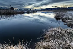German Federal Republic Waterscapes Stampe: Water surface of the Ach with reflection and dramatic sky