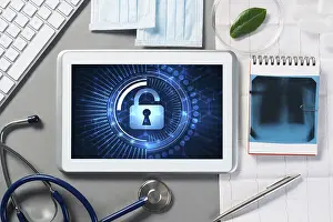 Healthcare System Symbolic Stampe: Web security and technology concept with tablet pc on table
