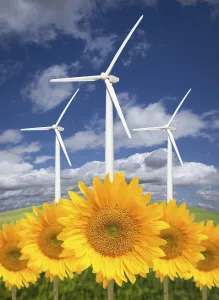 Atmospheric Nature Scene Stampe: Wind turbines against dramatic sky